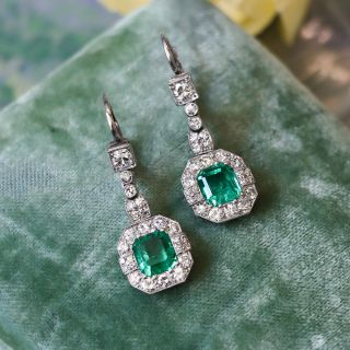 Art Deco Emerald and Diamond Drop Earrings - GIA F1
