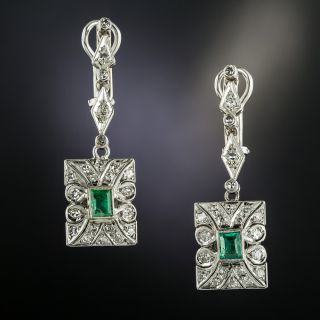 Art Deco Platinum Emerald and Diamond Drop Earrings - 2
