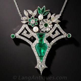 Art Deco Emerald and Diamond Flower Basket Necklace