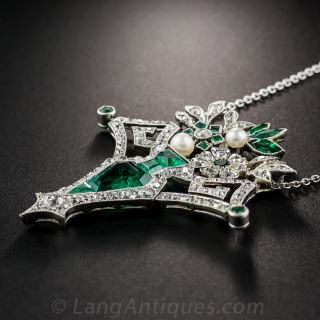 Art Deco Emerald and Diamond Flower Basket Necklace
