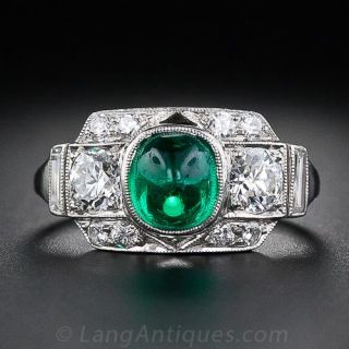 Art Deco Emerald Cabochon and Diamond Platinum Ring