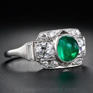 Art Deco Emerald Cabochon and Diamond Platinum Ring