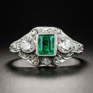 Art Deco Emerald Diamond Platinum Ring