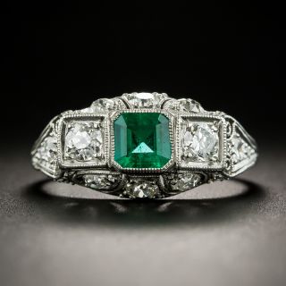 Art Deco Emerald Diamond Platinum Three-Stone Ring - 1