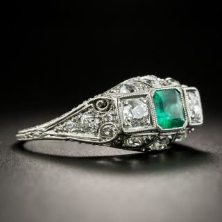 Art Deco Emerald Diamond Platinum Three-Stone Ring