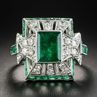 Art Deco Emerald Platinum and Diamond Ring