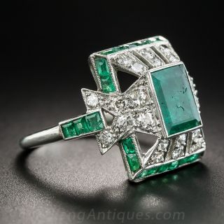Art Deco Emerald Platinum and Diamond Ring