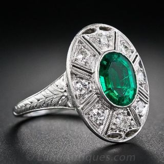 Art Deco Emerald, Platinum and Diamond Ring