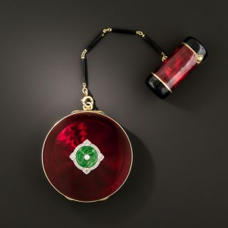 Art Deco Enamel, Jade and Diamond Compact and Lipstick Case - 2