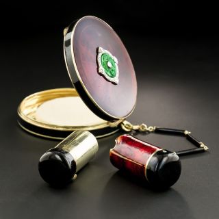 Art Deco Enamel, Jade and Diamond Compact and Lipstick Case
