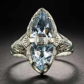 Art Deco Filigree Aquamarine and Diamond Dinner Ring