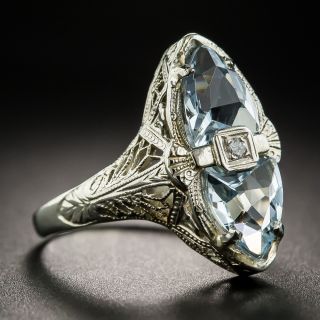 Art Deco Filigree Aquamarine and Diamond Dinner Ring