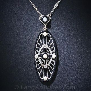 Art Deco Filigree Black Enamel and Pearl Pendant