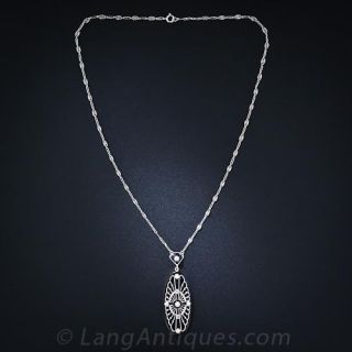 Art Deco Filigree Black Enamel and Pearl Pendant