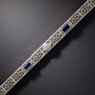 Art Deco Filigree Diamond and Synthetic Sapphire Bracelet  - 2