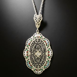 Art Deco Filigree, Enamel and Diamond Necklace - 3