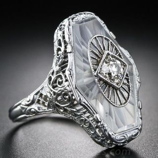 Art Deco Frosted Crystal and Diamond Dinner Ring