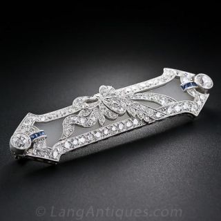 Art Deco Frosted Crystal, Diamond and Sapphire Bar Pin