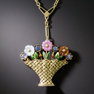 Art Deco Gemstone Flower Basket Pendant - 3