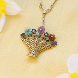 Art Deco Gemstone Flower Basket Pendant