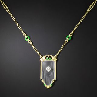 Art Deco Green and Black Enamel Rock Crystal Lavalier, by Krementz - 2