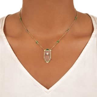 Art Deco Green and Black Enamel Rock Crystal Lavalier, by Krementz