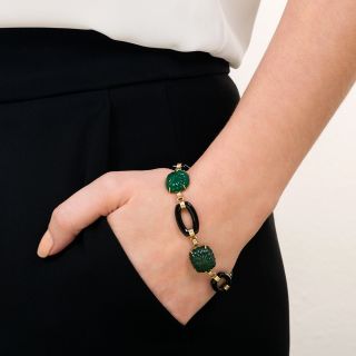 Art Deco Green Chalcedony and Black Onyx Link Bracelet