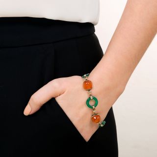 Art Deco Green Chalcedony and Carnelian Bracelet
