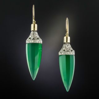 Art Deco Green Chalcedony and Diamond Drop Earrings - 1