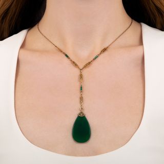 Art Deco Green Chalcedony Pendant with Enamel Chain