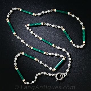 Art Deco Green Enamel and Seed Pearl Chain - 1