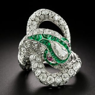 Art Deco-Inspired Diamond and Emerald Snake Ring - 2
