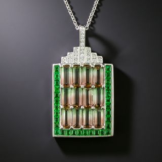 Art Deco-Inspired Watermelon Tourmaline, Diamond and Tsavorite Garnet Necklace - 4