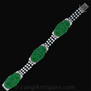 Art Deco Jadeite  Plaque, Diamond, Pearl and Platinum Bracelet 