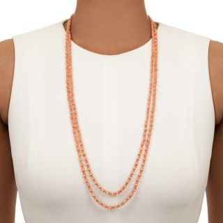 Art Deco Long Coral Bead and Glass Necklace, 64 1/2 Inches