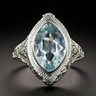 Art Deco Marquise-Cut Aquamarine Filigree Ring - 2