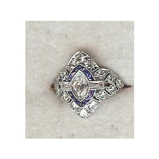 Art Deco Marquise Diamond and Calibre Sapphire Ring