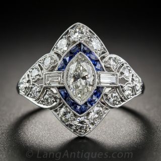 Art Deco Marquise Diamond and Calibre Sapphire Ring