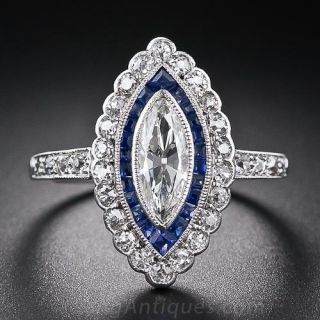 Art Deco Marquise Diamond and Calibre Sapphire Ring 