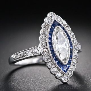 Art Deco Marquise Diamond and Calibre Sapphire Ring 