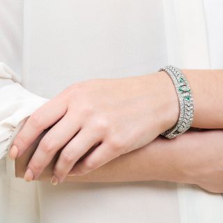 Art Deco Marquise Diamond and Emerald Bracelet by Katz & Ogush