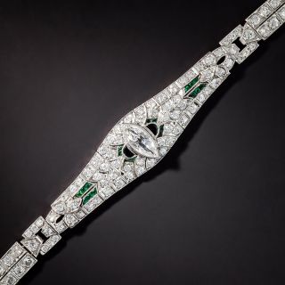 Art Deco Marquise Diamond, Green Glass and Onyx Bracelet - 1