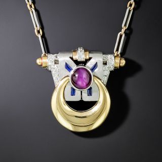 Art Deco Moderne Ruby, Sapphire and Diamond Clip/Necklace - 2