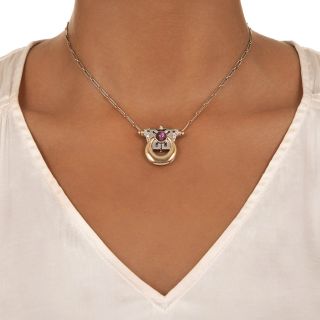 Art Deco Moderne Ruby, Sapphire and Diamond Clip/Necklace