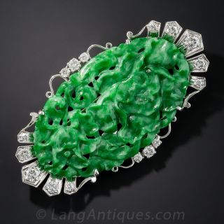 Art Deco Natural Burma Platinum Carved Jade and Diamond Brooch by Birks - 1