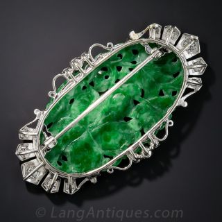 Art Deco Natural Burma Platinum Carved Jade and Diamond Brooch by Birks