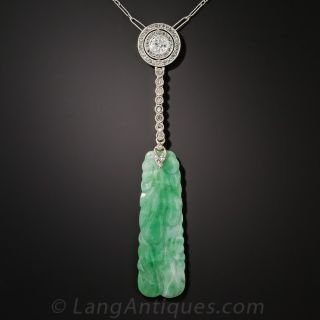 Art Deco Natural Burmese Jade, Diamond and Pearl Necklace