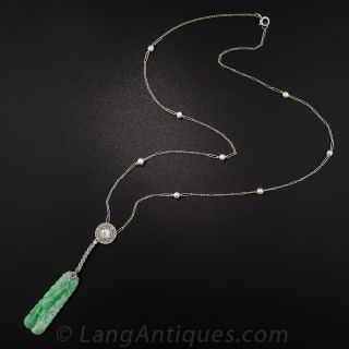 Art Deco Natural Burmese Jade, Diamond and Pearl Necklace