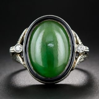 Art Deco Natural Burmese Jade, Enamel and Diamond Ring - 6