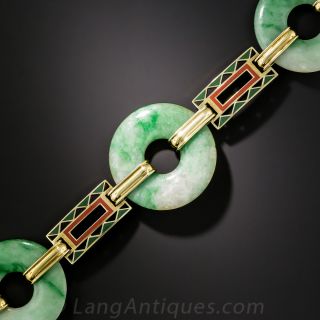 Art Deco Natural Burmese Jadeite & Enamel Bi Bracelet - 2
